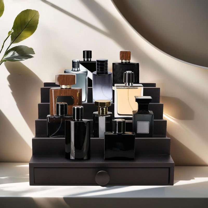 Fengligoo 5 Tier Cologne Organizer for Men - Wooden Black Cologne Perfume Display Stand with Drawer and Hidden Compartment, Mens Cologne Holder Shelf for Organizing and Storing - Image 2